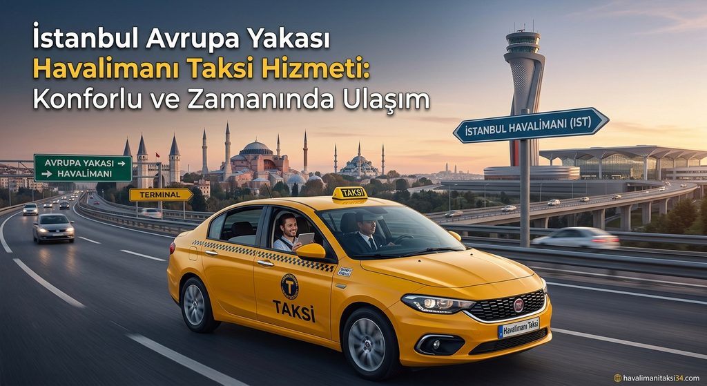 İstanbul Avrupa Yakası'nda Havalimanı taksi hizmeti veren sarı bir taksi, şehir silüeti ve havalimanı kulesi manzarası eşliğinde yolda seyir halindeyken.